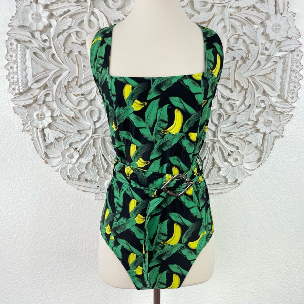 {Ganni} Banana Print Belted One-Piece Swimsuit, Plus Size 4XL/22